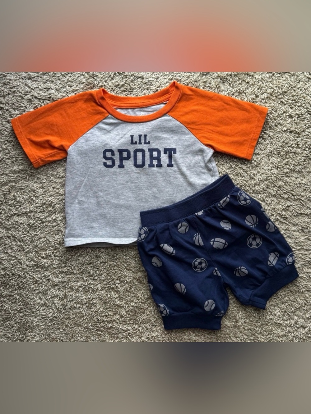 Lullaby Lane Lil Sport 2-Piece Outfit Set 3-6 Months Orange Raglan Tee & Shorts